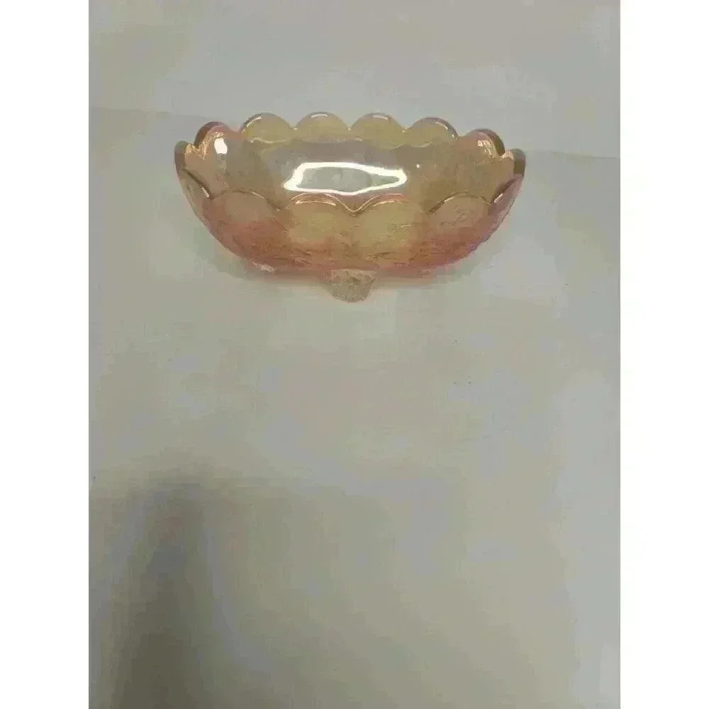 Jeannette Peach Glass Candy Dish 4-Footed Oval Iridescent VTG